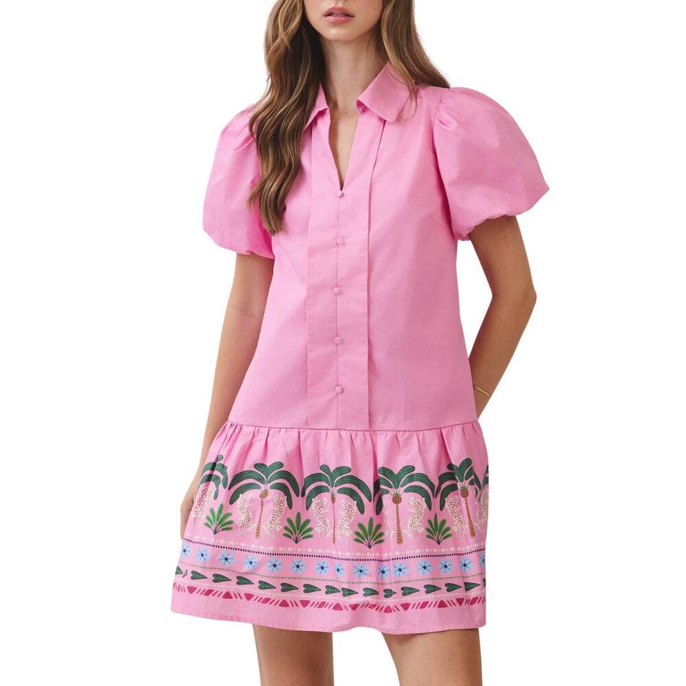 NEW TCEC tropical border puff sleeve mini dress in pink